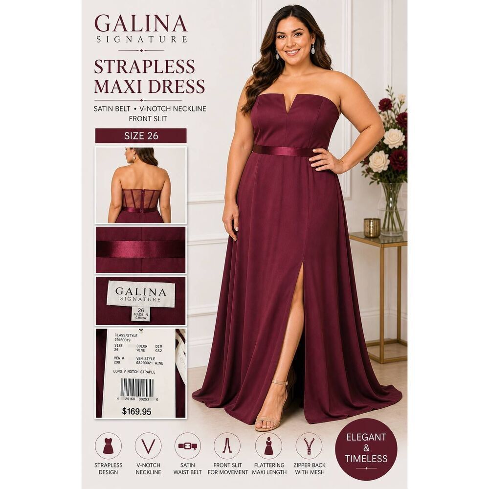 Galina Signature Strapless Maxi Dress Wine Front Slit Satin Belt Size 26